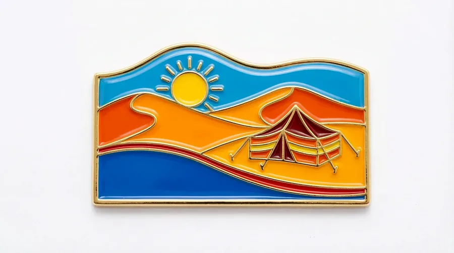 Saudi desert camp enamel pin with a striped tent, dunes and sun