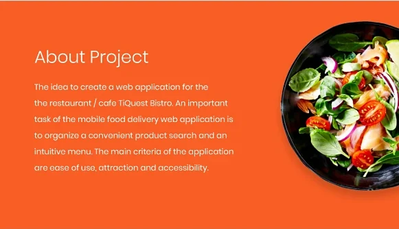 TiQuest Bistro food delivery app project summary with a fresh salad dish