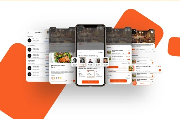 TiQuest Bistro app screen lineup: orders, dish details, tip your rider, payment and basket